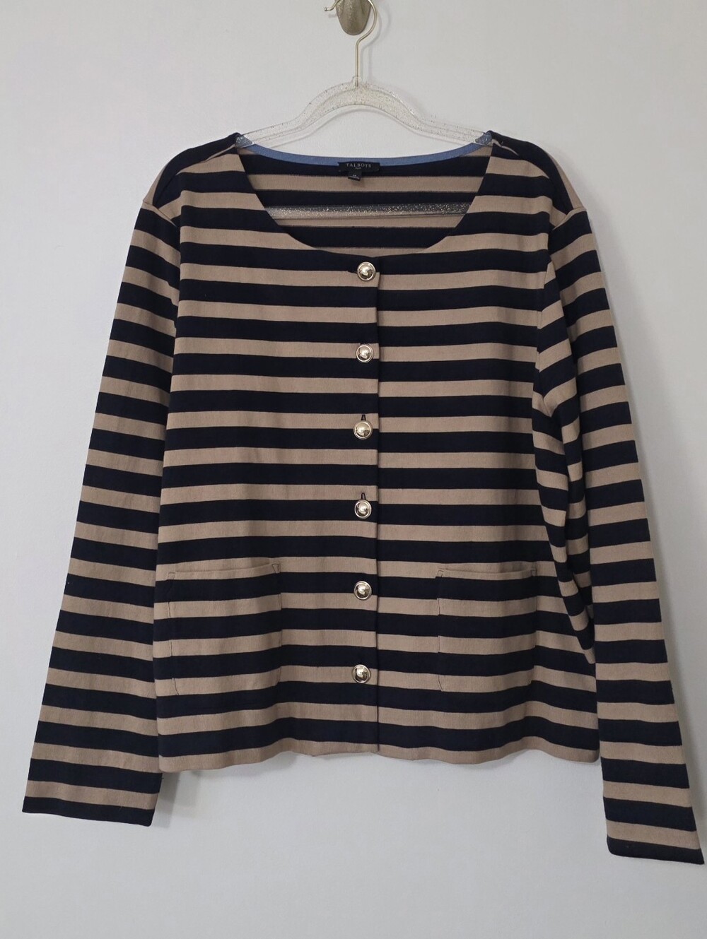 Talbots Knit Black & Tan Striped Gold Button Up Cardigan Old Money Preppy 1X